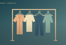 Original illustration of a neatly arranged clothing rail with a jacket, shirts and trousers