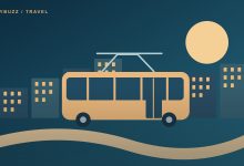 Original illustration of a tram, pedestrian route and colorful city buildings