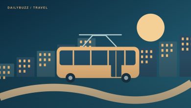 Original illustration of a tram, pedestrian route and colorful city buildings