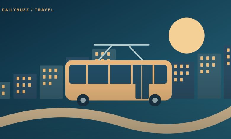 Original illustration of a tram, pedestrian route and colorful city buildings