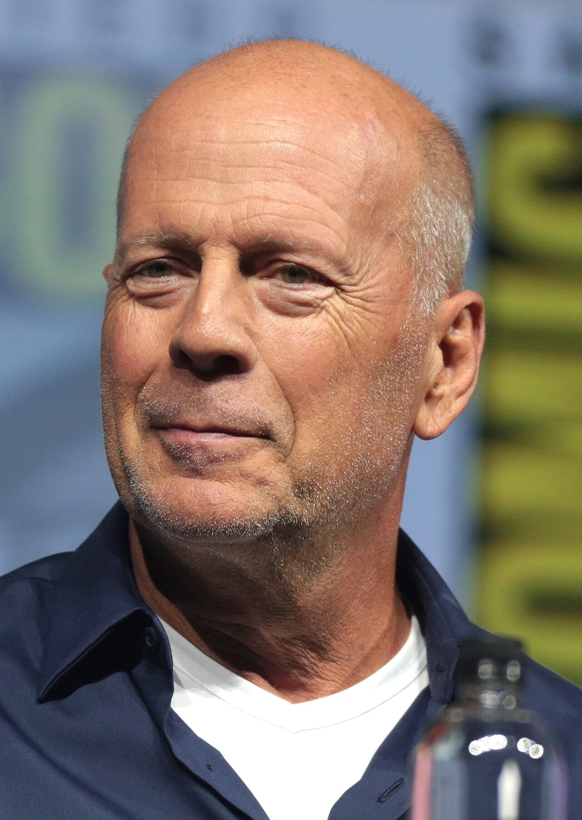 Bruce Willis speaking at the 2018 San Diego Comic-Con International in San Diego, California.