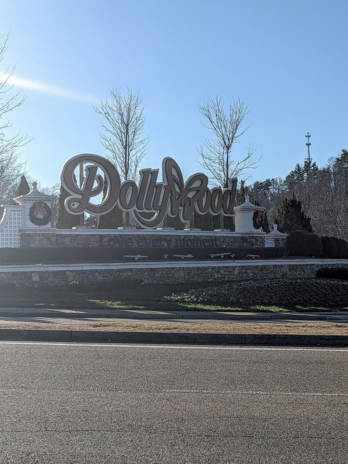 The Dollywood entrance in Pigeon Forge, Tennessee, photographed in December 2023.