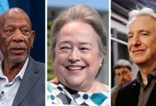Photo collage of Morgan Freeman, Kathy Bates, Alan Rickman