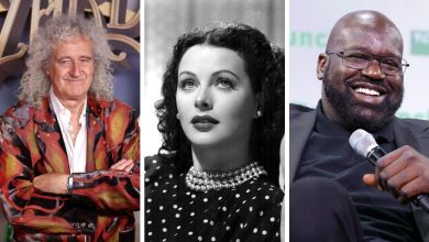 Photo collage of Brian May, Hedy Lamarr, Shaquille O'Neal