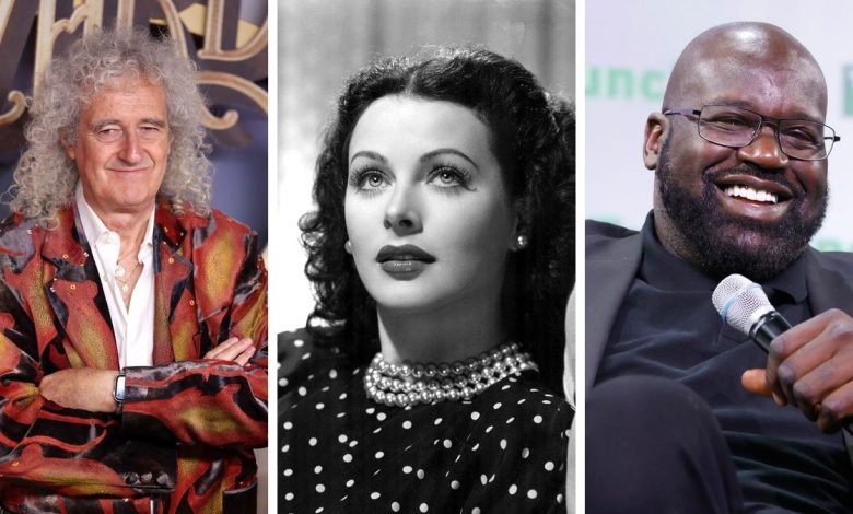 Photo collage of Brian May, Hedy Lamarr, Shaquille O'Neal