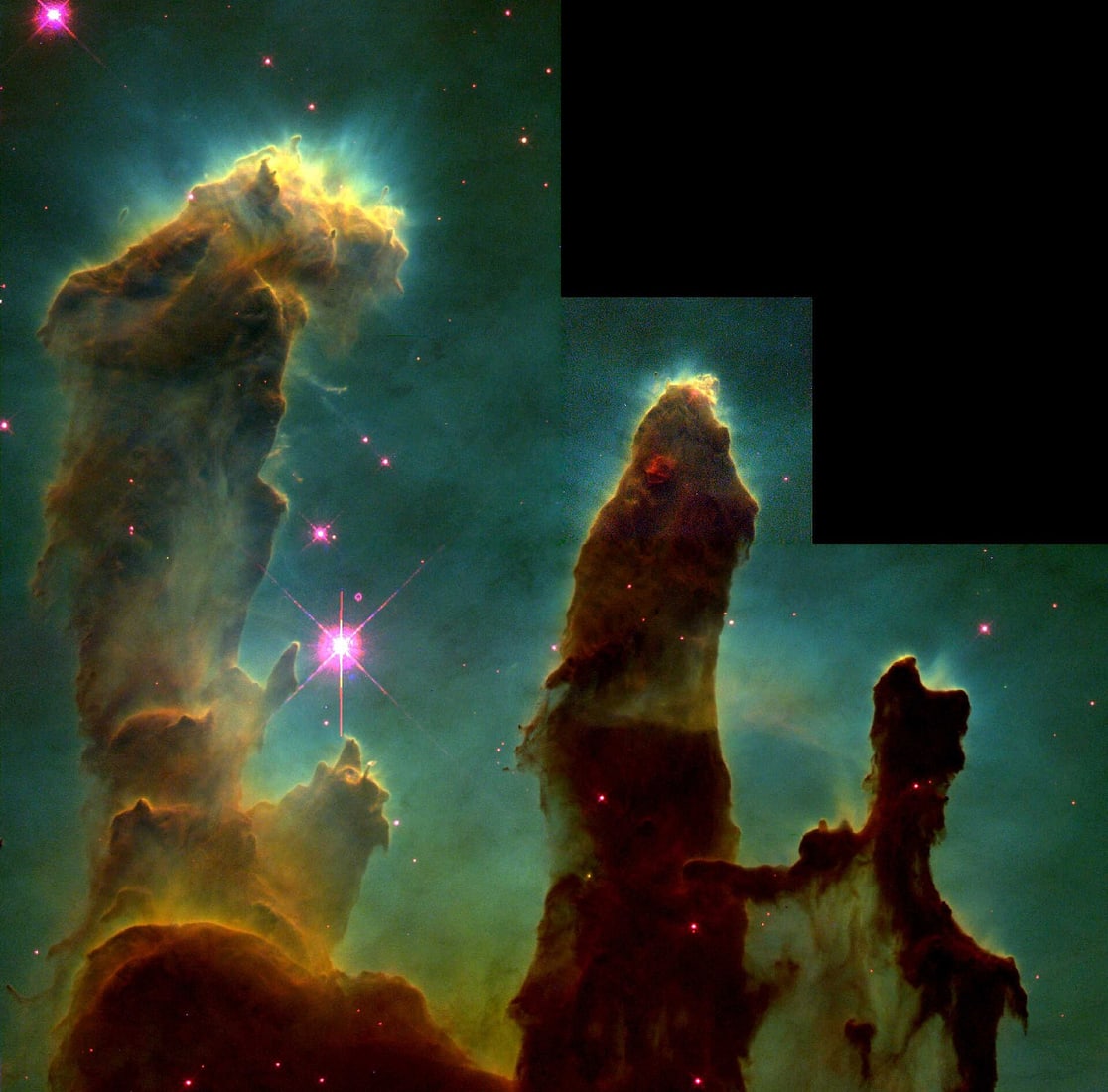 The original 1995 Hubble view of the Pillars of Creation, assembled from filtered observations.