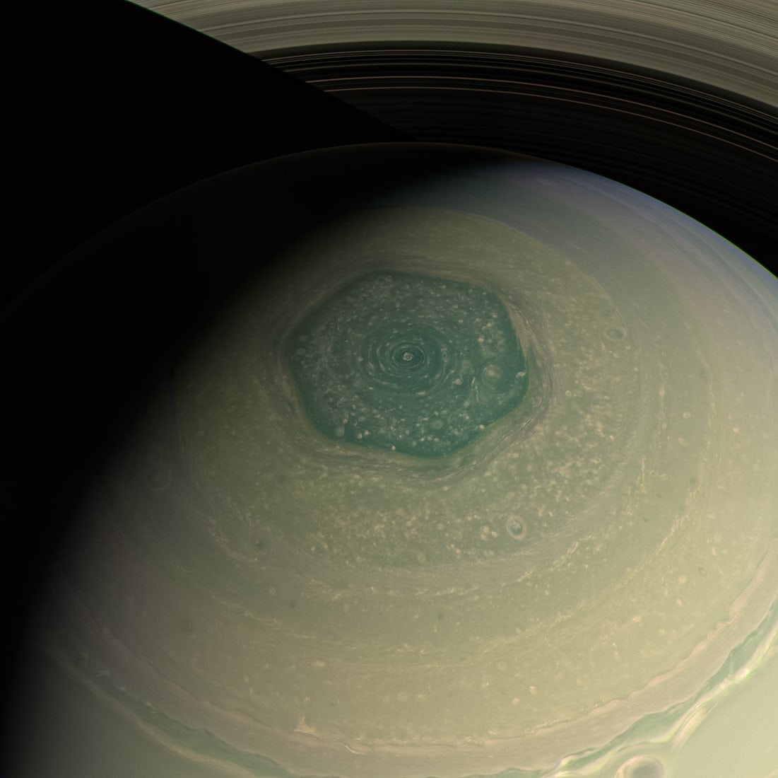 Saturn’s north-polar region, processed by Kevin M. Gill from Cassini observations.