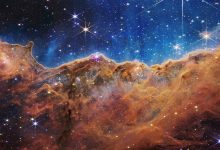 Webb’s Cosmic Cliffs in NGC 3324, using assigned colours to display infrared observations.