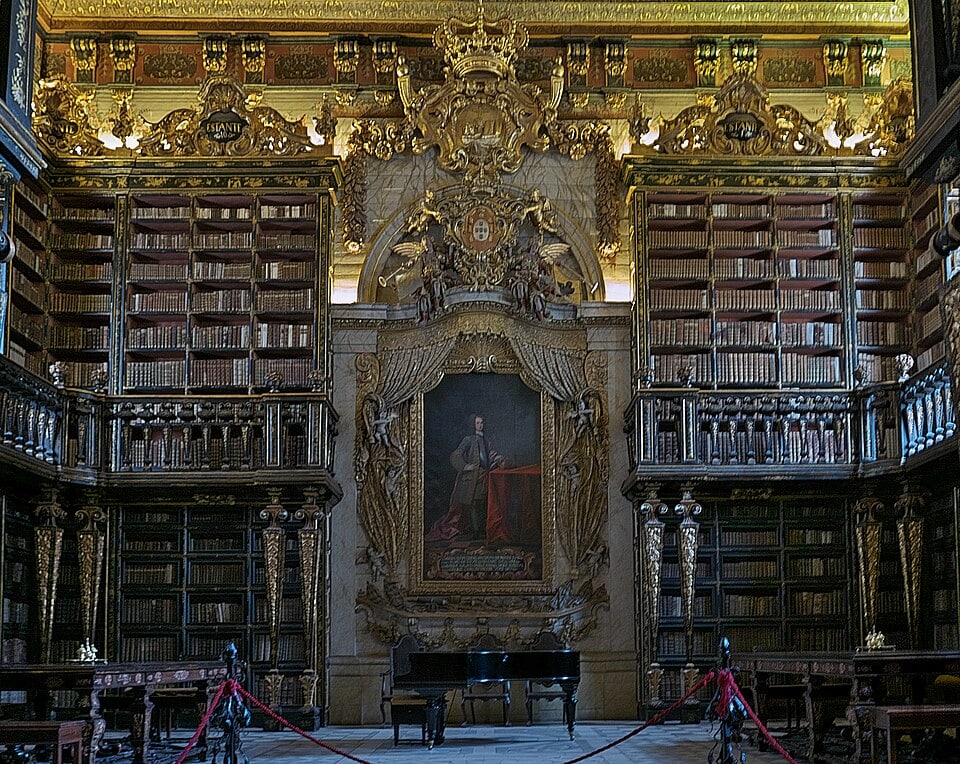 The decorated interior of the Joanina Library in Coimbra.