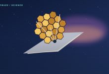 Original conceptual illustration of a gold space telescope beside colorful nebula-like clouds