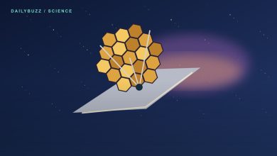 Original conceptual illustration of a gold space telescope beside colorful nebula-like clouds