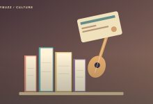 Original illustration of books, a library card, headphones and a small string instrument
