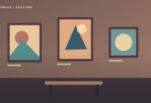 Original illustration of three distinct artworks displayed in a warm museum gallery