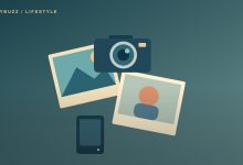 Original illustration of a camera, neatly arranged photo cards and a backup drive