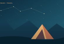 Original illustration of a small tent beneath a star-filled night sky and mountains