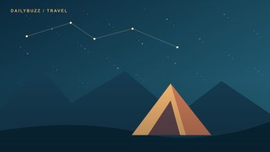 Original illustration of a small tent beneath a star-filled night sky and mountains