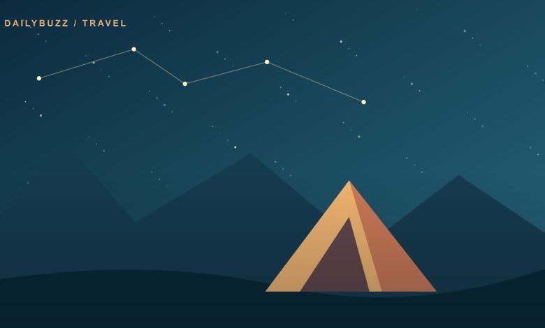 Original illustration of a small tent beneath a star-filled night sky and mountains