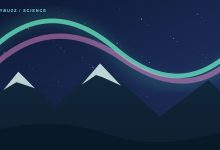 Original illustration of green and pink aurora ribbons above dark mountains